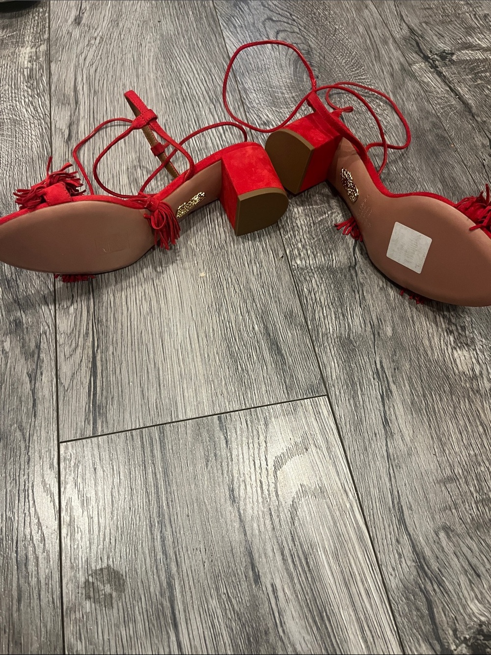 Red Fringe Lace-Up Women's Sandals Wild Suede Red block heel size 38 Aquuazzura - Picture 2 of 4